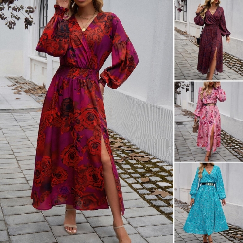 Women Elegant Floral Print Polyester Maxi Dress V Neck Long Lantern Sleeve High Waist Slit Wrap Dress For Party Wedding Guest Casual Autumn Winter