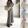Women's Autumn Winter Knit Striped Maxi Dress Casual Long Sleeve Crew Neck Bodycon Viscose Sweater Dress With Back Tie For Daily Dating