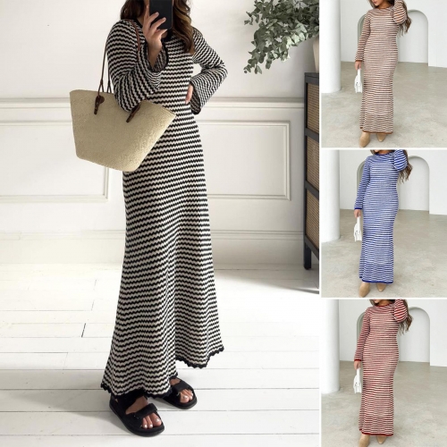 Women's Autumn Winter Knit Striped Maxi Dress Casual Long Sleeve Crew Neck Bodycon Viscose Sweater Dress With Back Tie For Daily Dating