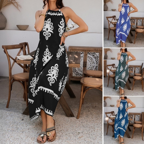 Women's Bohemian Halter Maxi Dress Sleeveless Contrast Print Backless Tie Back A-Line Long Dress For Summer Beach Vacation Resort 100% Polyester Elegant Ladies Sundress