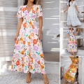 Women's V Neck Short Sleeve Maxi Dress Bohemian Floral Print High Waist A-Line Long Dress Lyocell Viscose Blend Resort Vacation Beach Summer Dress