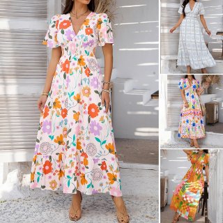 Women's V Neck Short Sleeve Maxi Dress Bohemian Floral Print High Waist A-Line Long Dress Lyocell Viscose Blend Resort Vacation Beach Summer Dress