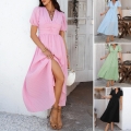 Women's Casual V Neck Short Puff Sleeve Maxi Dress High Waist Button Up Textured Summer Beach Sundress With Slit Solid Color Elegant Holiday Long Dress For Women