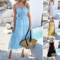 Women Bohemian Strapless Maxi Dress Sexy Cut-out Waist Tiered Ruffle Vacation Beach Long Dress Solid Color Lyocell Sun Dress