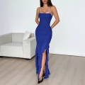 Elegant Women's Sexy Backless Bodycon Maxi Dress Ruffle Hem Irregular Mermaid Split Strappy Long Evening Party Clubwear Dress