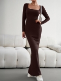 Women Sexy Y2K Square Neck Pleated Maxi Dress Long Sleeve Knitted Bodycon Long Dress For Party Dating Minimalist Solid Color Slim Fit Floor Length Dress