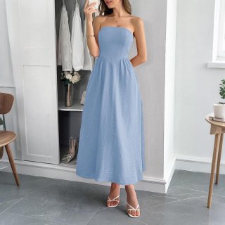 Women's Elegant Strapless Maxi Dress Solid Color A-Line Evening Party Long Dress Polyester Summer Sleeveless High Waist Gown