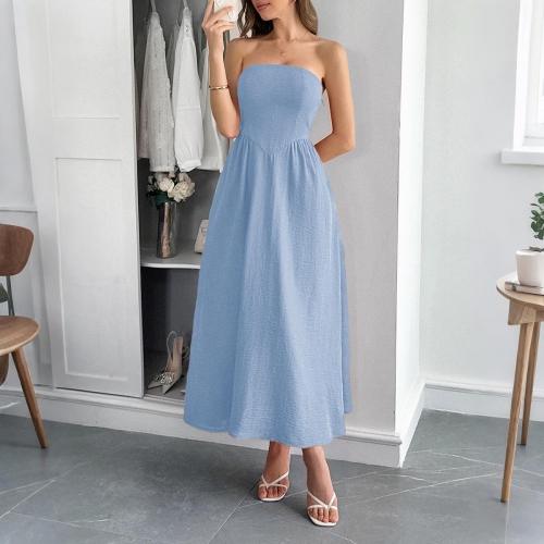 Women's Elegant Strapless Maxi Dress Solid Color A-Line Evening Party Long Dress Polyester Summer Sleeveless High Waist Gown