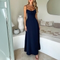 Elegant Women's V-Neck Camisole A-Line Maxi Dress Polyester Spandex Backless Tie-Up Solid Color Long Dress For Summer Vacation Party