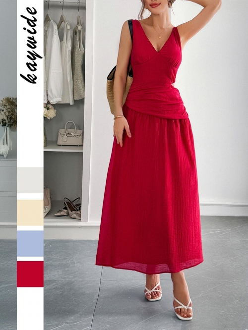 Women Elegant Deep V-Neck Sleeveless Maxi Dress Cutout Waist Pleated A-Line Long Dresses Solid Color Lyocell Polyamide Summer Beach Vacation Outfits for Lady