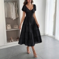 Women's V Neck Puff Sleeve Maxi Dress Modal Blend Backless Layered Cake Skirt Casual Vacation Long Dress For Ladies