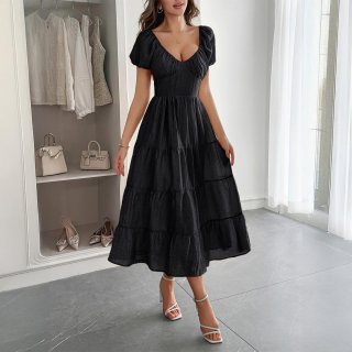 Women's V Neck Puff Sleeve Maxi Dress Modal Blend Backless Layered Cake Skirt Casual Vacation Long Dress For Ladies