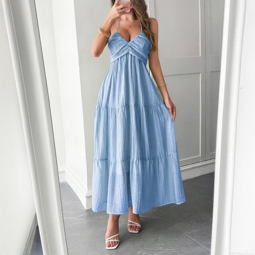 Women's Vacation Halter Backless Tiered Maxi Dress 85% Lyocell 15% Polyamide Blend Pleated V-Neck A-Line Summer Beach Long Dress Party Leisure Wear