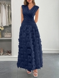Women's Elegant V-Neck Sleeveless Spliced Fringe Maxi Dress Tiered Feather Texture High Waist Pleated Party Long Dress