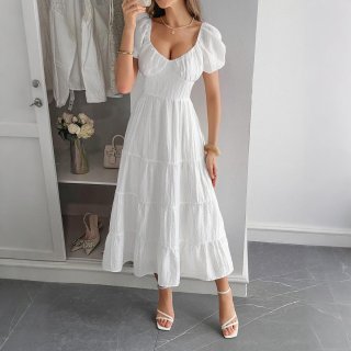 Women's V-Neck Puff Sleeve Tiered Maxi Dress Summer Backless Tie-Back A-Line Vacation Dress Comfortable Modal Polyamide Polyester Blend Long Sundress
