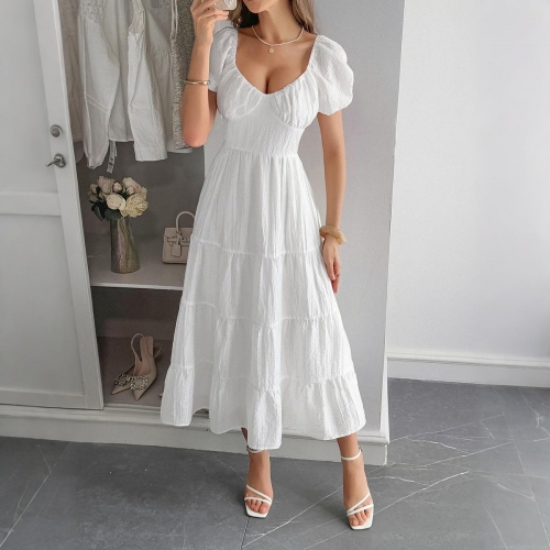 Women's V-Neck Puff Sleeve Tiered Maxi Dress Summer Backless Tie-Back A-Line Vacation Dress Comfortable Modal Polyamide Polyester Blend Long Sundress