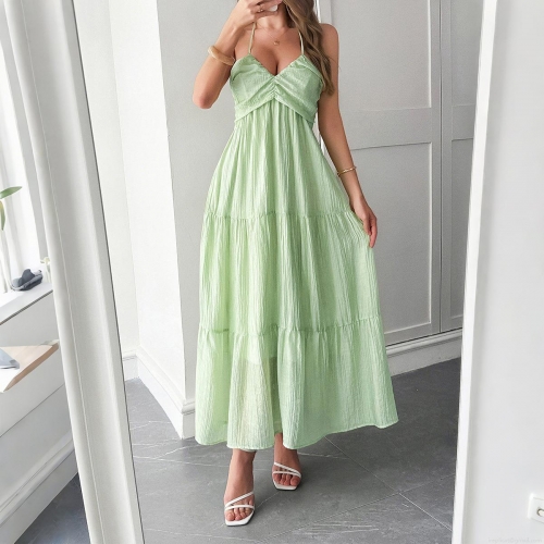 Women's Sexy Halter Neck Backless Maxi Dress Lyocell Blend Pleated Ruffle Tiered A-Line Swing Long Dress For Summer Beach Vacation Casual Party