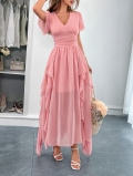 Women's V-Neck Short Sleeve Maxi Dress High Waist Ruffle Trim Chiffon A-Line Holiday Leisure Solid Color Long Dress For Summer Beach Party