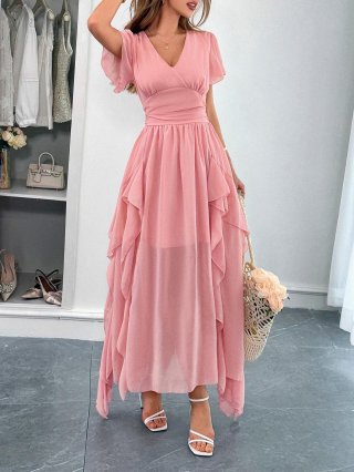 Women's V-Neck Short Sleeve Maxi Dress High Waist Ruffle Trim Chiffon A-Line Holiday Leisure Solid Color Long Dress For Summer Beach Party
