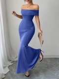 Women Elegant Off The Shoulder Maxi Dress 95% Polyester 5% Elastane High Stretch Solid Color Mermaid Fishtail Evening Gown For Wedding Party Formal Event Lady Clothes