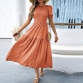Women's Summer Casual Smocked Maxi Dress Short Puff Sleeve Tiered A-Line Textured Solid Color Resort Style Long Dress For Women
