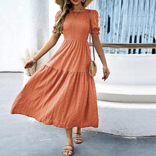 Women's Summer Casual Smocked Maxi Dress Short Puff Sleeve Tiered A-Line Textured Solid Color Resort Style Long Dress For Women