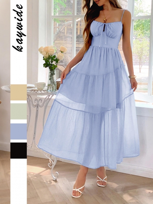 Women Summer Vacation Tiered Strappy Dress Lyocell Polyamide Blend Square Neck Tie-Front Smocked Back High Waist Sleeveless Bohemian Elegant Flowy Solid Color Maxi Dress