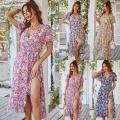 Women's V-Neck Short Sleeve Floral Maxi Dress Boho Summer Wrap Vacation Casual A-Line Ruffle Hem Dress With Tie Waist
