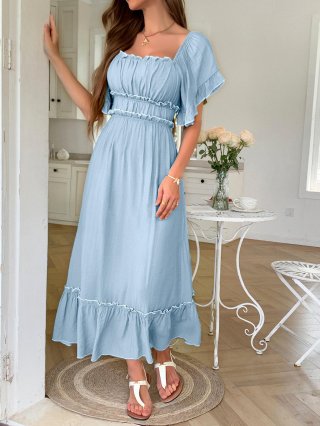 Women's French Style Square Neck Ruffle Maxi Dress Viscose Nylon Blend Short Sleeve High Waist A-Line Long Dress For Casual Summer Vacation Beach Holiday Party Ladies