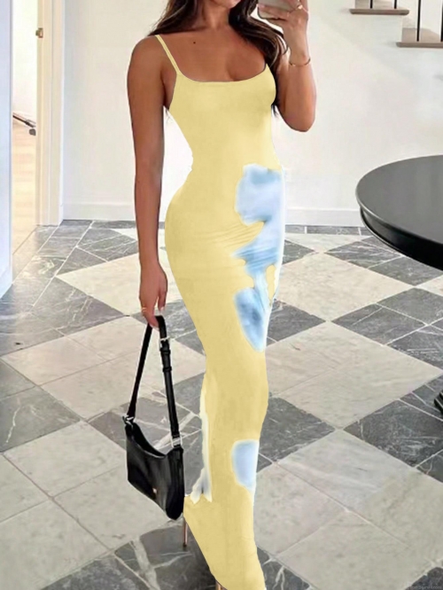 Women's Floral Print Suspender Maxi Dress Elegant U-Neck Sleeveless Slim Fit Polyester Spandex Long Dress for Summer Vacation Party Beach