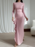 Women Sexy Y2K Ruched Bodycon Maxi Dress High Neck Long Sleeve Backless Tie Up Slit Evening Party Club Dress Polyester Spandex Knitted Gown