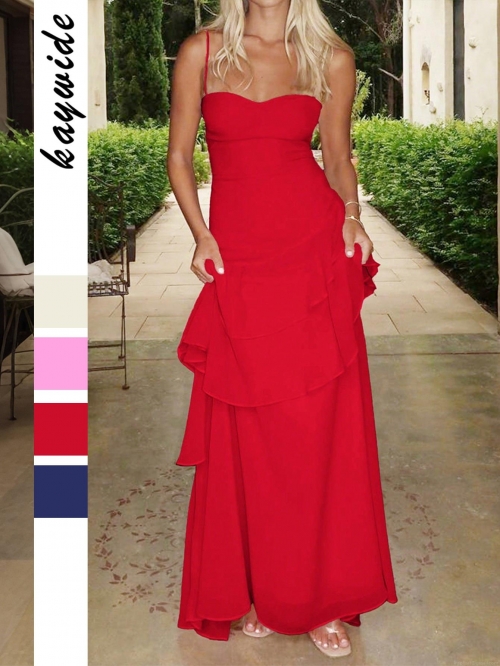 Women's Elegant Strappy Maxi Dress Tiered Ruffle Backless Solid Color High Waist Long Gown For Summer Vacation Party Wedding Guest Polyester Spandex Dresses