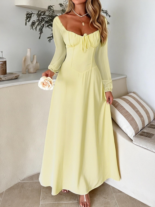 Women Elegant Square Neck Lace-up Maxi Dress Long Sleeve Backless Strappy Solid Color Polyester Blend A-Line Long Dress For Party Wedding Vacation Evening Clubwear