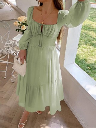 Women's Square Neck Long Sleeve Maxi Dress Lyocell Blend Tiered Ruffle Smocked Vacation Beach Casual Dress For Women