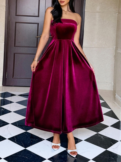 Elegant Off Shoulder Velvet Maxi Dress Solid Color A-Line Evening Gown For Women Party Wedding Formal Occasion Luxurious Soft High Waist Autumn Winter Dress