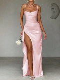 Elegant Satin Maxi Dress Sexy V-Neck Spaghetti Strap Sleeveless High Slit Evening Party Gown For Women Prom Wedding Guest Night Out Dress