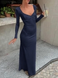 Women's Elegant V-Neck Long Sleeve Maxi Dress Bodycon Evening Gown Knit Polyester Elastane Solid Color Tight Fit Cocktail Party Dress For Ladies