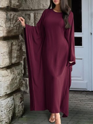 Women's Elegant Solid Color Loose Batwing Sleeve Maxi Dress Textured Knit Polyester Pullover Kaftan Abaya Evening Party Long Dress