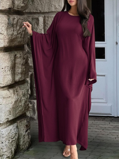 Women's Elegant Solid Color Loose Batwing Sleeve Maxi Dress Textured Knit Polyester Pullover Kaftan Abaya Evening Party Long Dress