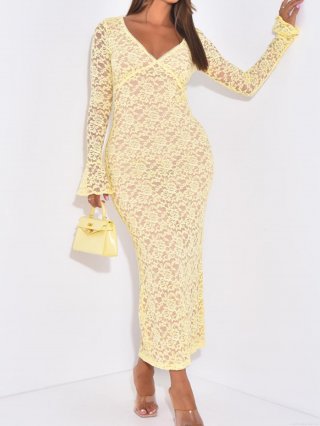 Women's Sexy Y2K Lace Hollow Out Flare Sleeve Maxi Dress Bodycon V-Neck Solid Color Yellow Evening Party Long Gown