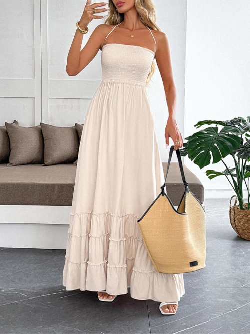 Women Western Vacation Style Halter Neck Maxi Dress 100% Viscose Sleeveless Layered Ruffle Tiered Cake Sundress Solid Color Backless Long Dress for Summer Beach Party
