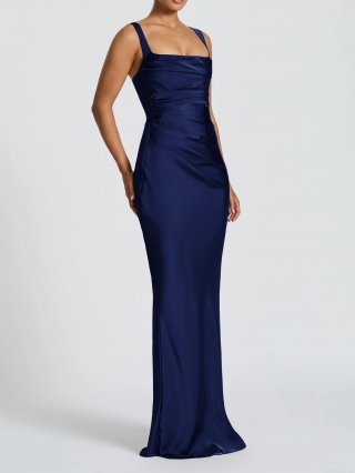 Women Elegant Satin Cowl Neck Maxi Dress Sexy Backless Strappy Ruched Evening Party Long Gown Solid Color Polyester Dress