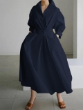 Women's Casual Elegant Polyester Maxi Dress Long Sleeve V-Neck Button Up Waist Tie Shirt Dress With Pockets For Daily Travel Autumn Winter