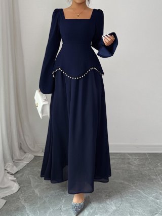 Elegant Square Neck Long Sleeve Maxi Dress Polyester Pearl Waist A-Line Evening Gown For Wedding Party Women Banquet Formal Fall Winter Dress