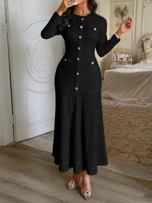 Women's Elegant Knitted Maxi Dress Long Sleeve Round Neck Slim Fit Textured Polyester Spandex Gown with Gold Buttons for Party Office Work Wear