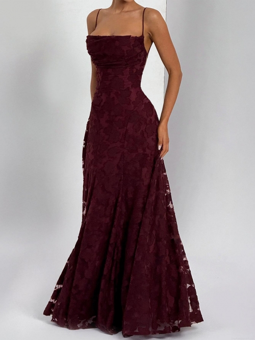 Elegant Women Jacquard Slip Maxi Dress 100% Polyester Backless Crisscross Straps A-Line Long Dress For Party Evening Vacation