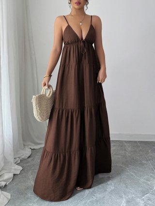 Elegant Women's Tiered Maxi Dress Spaghetti Strap V-Neck Solid Color Viscose Blend Ruffle Long Sundress For Party Vacation Leisure