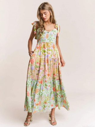 Women's Floral Print Maxi Dress Sleeveless Tie Strap Smocked Bodice Tiered Cake Skirt Summer Bohemian V-Neck Pockets High Waist Loose A-Line Long Dress For Vacation Party