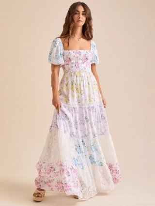 Women Elegant Floral Print Polyester Maxi Dress With Lace Patchwork Puff Sleeve Square Neck Smocked High Waist Tiered Long Dress For Vacation Casual Lady