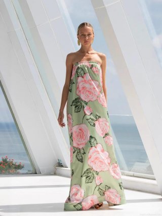 Women Sexy Backless Tube Top Maxi Dress Elegant Gathered Patchwork Floral Printed Knitted Satin Long Dress For Summer Party Vacation Ladies Clothing